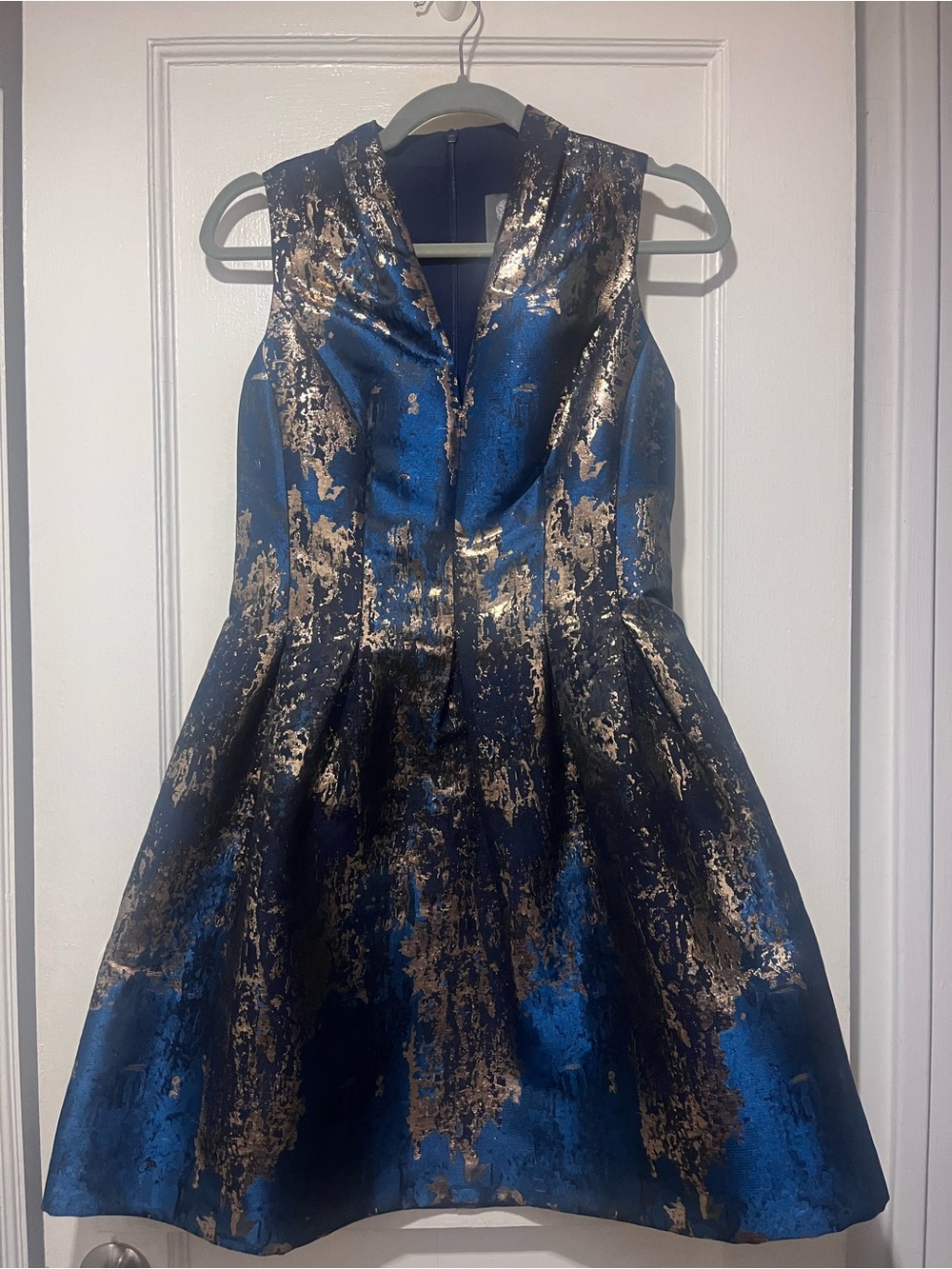 Vince Camuto Metallic Blue and Gold Jacquard Dress